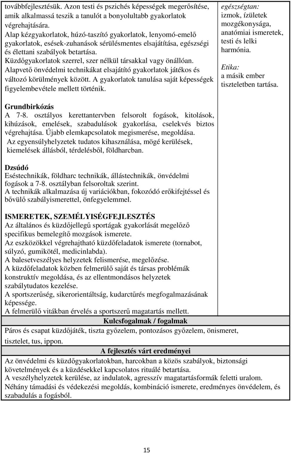 Küzdőgyakorlatok szerrel, szer nélkül társakkal vagy önállóan. Alapvető önvédelmi technikákat elsajátító gyakorlatok játékos és változó körülmények között.