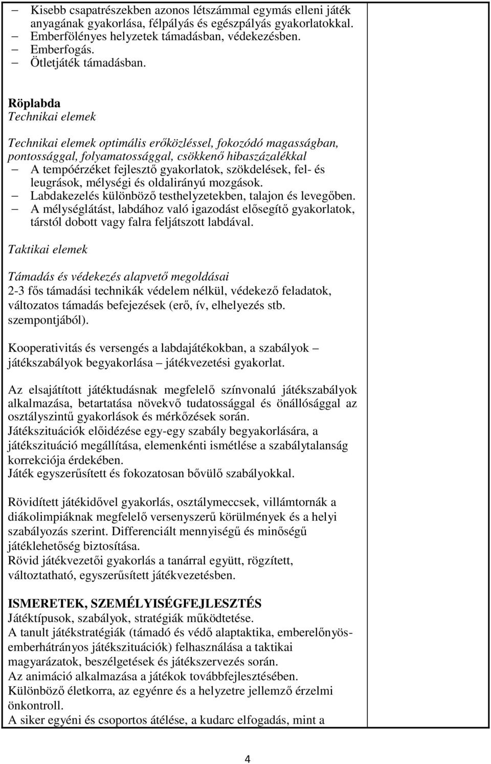 Röplabda Technikai elemek Technikai elemek optimális erőközléssel, fokozódó magasságban, pontossággal, folyamatossággal, csökkenő hibaszázalékkal A tempóérzéket fejlesztő gyakorlatok, szökdelések,