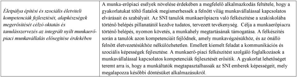 szabályait. Az SNI tanulók munkaerőpiacra való felkészítése a szakiskolába történő belépés pillanatától kezdve tudatos, tervezett tevékenység.