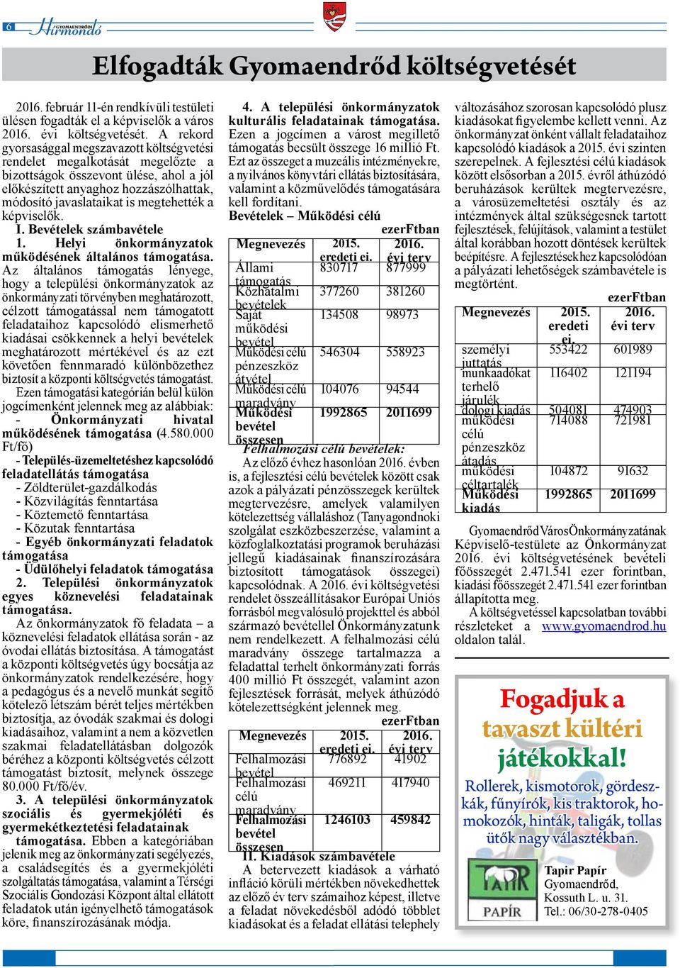 a képviselők. I. Bevételek számbavétele 1. Helyi önkormányzatok működésének általános támogatása.