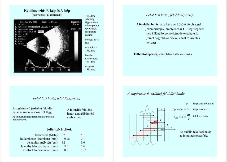 értéke, annál rosszabb a helyzet). Felbontóképesség: a feloldási határ reciproka. A sugárirányú (axiális) feloldási határ az impulzushossztól függ.