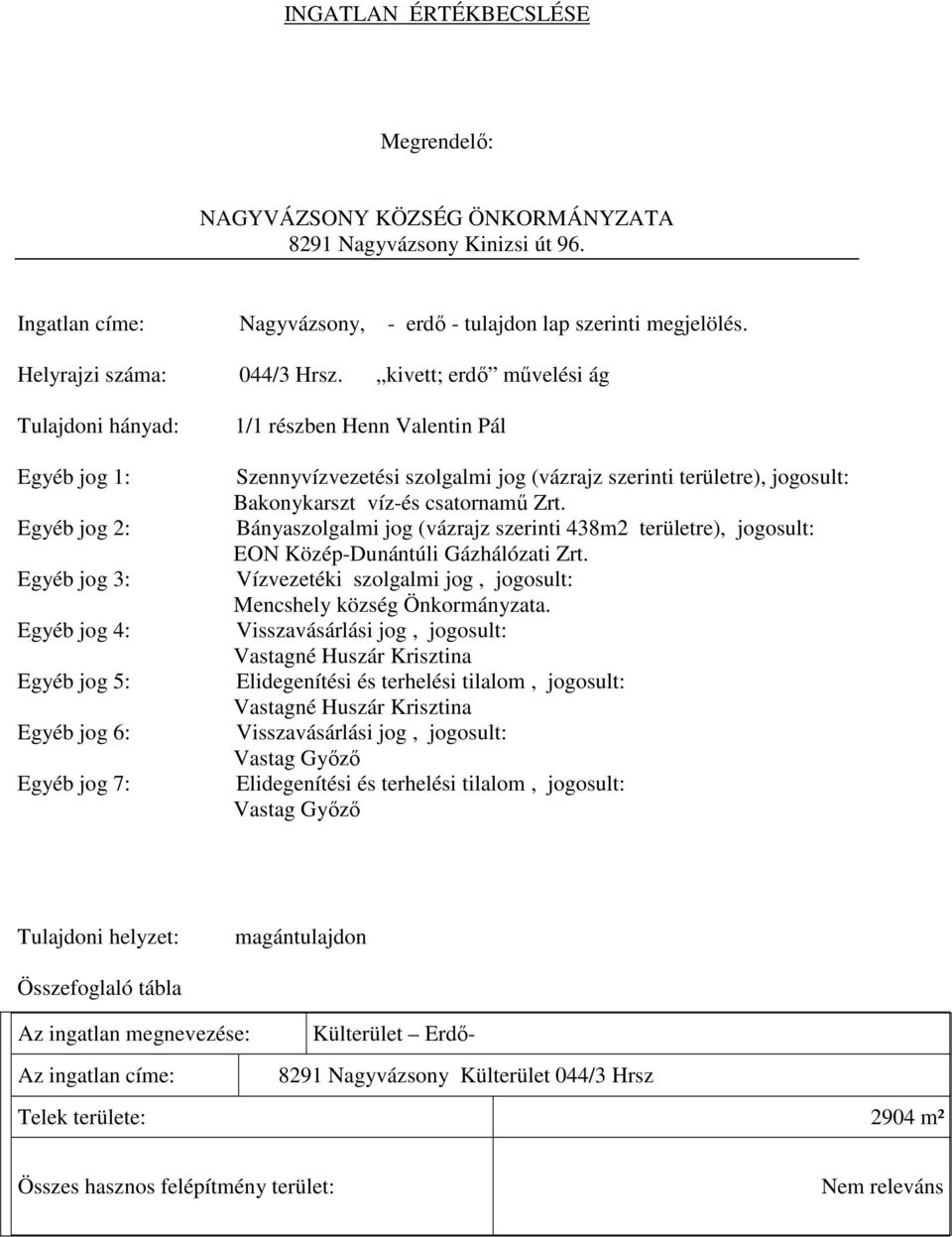 (vázrajz szerinti területre), jogosult: Bakonykarszt víz-és csatornamű Zrt. Bányaszolgalmi jog (vázrajz szerinti 438m2 területre), jogosult: EON Közép-Dunántúli Gázhálózati Zrt.