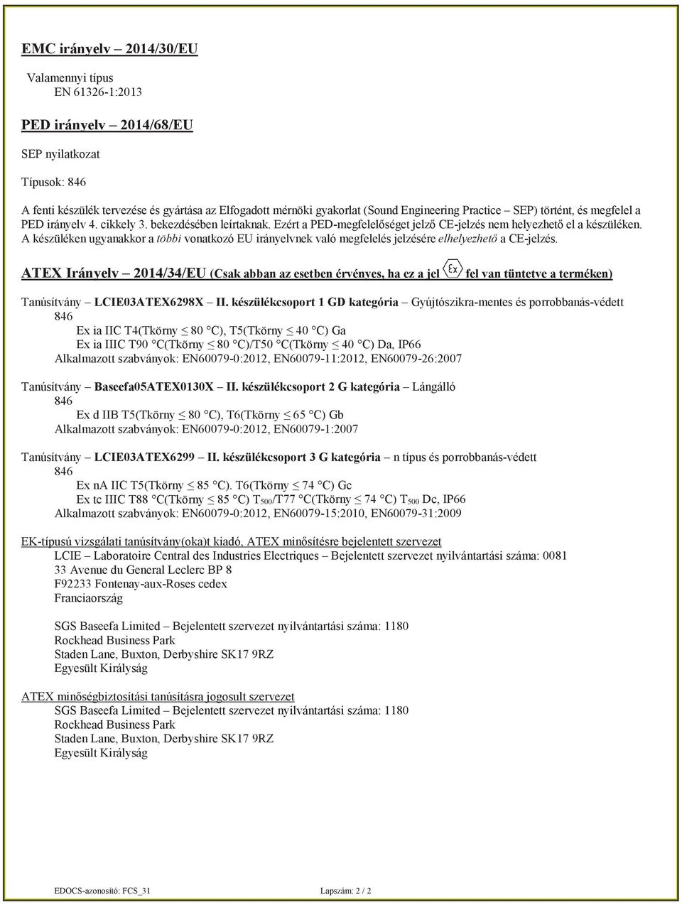 ATEX Irányelv 2014/34/EU (Csak abban az esetben érvényes, ha ez a jel fel van tüntetve a terméken) Tanúsítvány LCIE03ATEX6298X II.