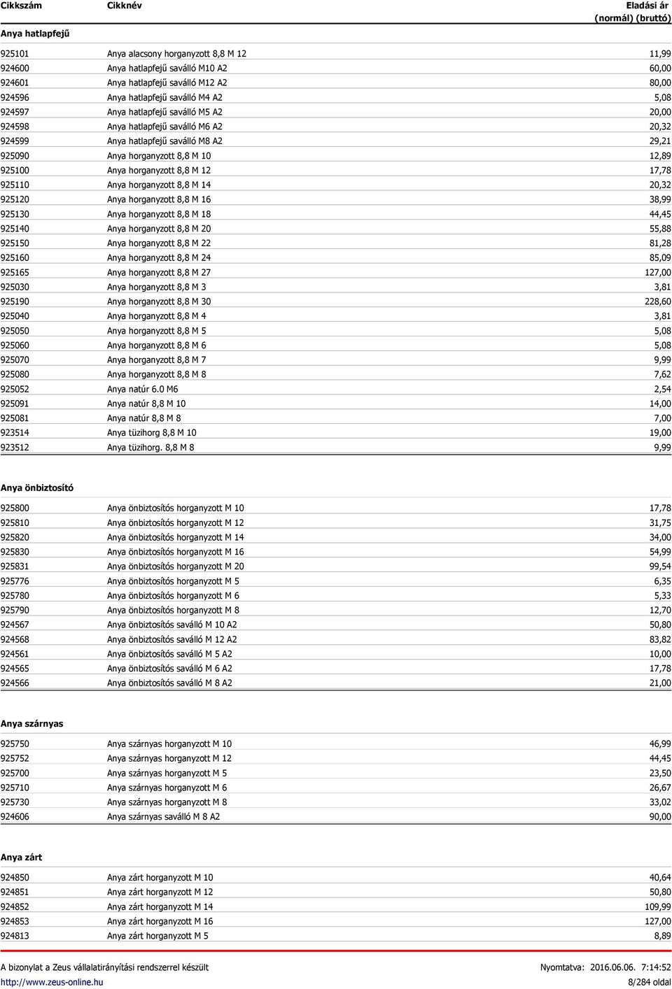 A2 Anya hatlapfejű saválló M8 A2 Anya horganyzott 8,8 M 10 Anya horganyzott 8,8 M 12 Anya horganyzott 8,8 M 14 Anya horganyzott 8,8 M 16 Anya horganyzott 8,8 M 18 Anya horganyzott 8,8 M 20 Anya