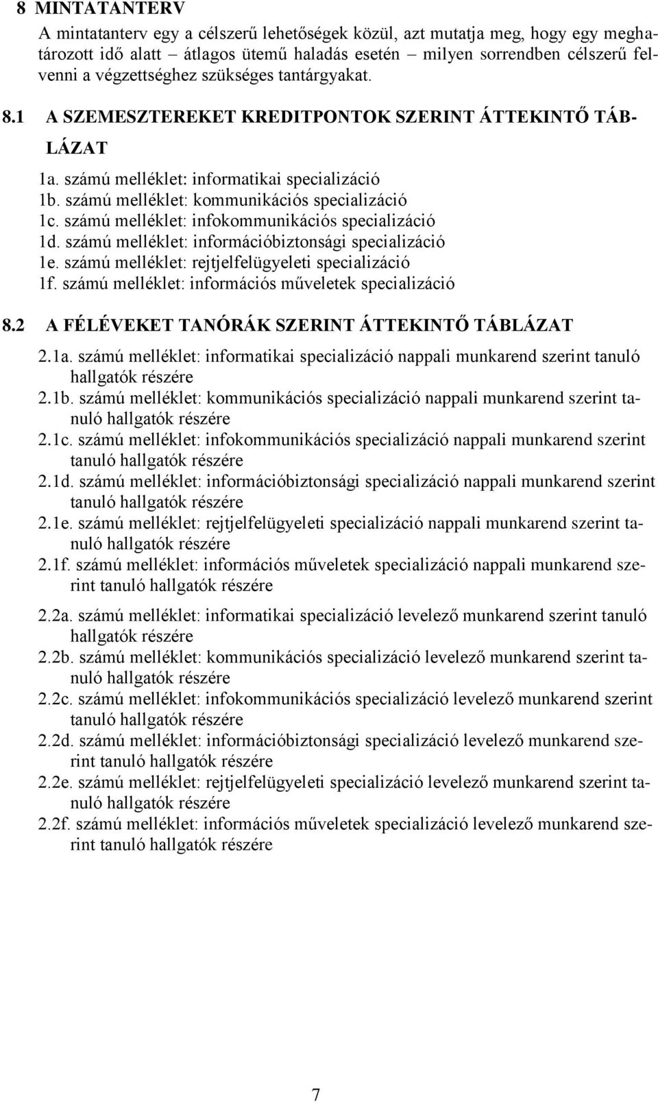 számú melléklet: infokommunikációs specializáció 1d. számú melléklet: információbiztonsági specializáció 1e. számú melléklet: rejtjelfelügyeleti specializáció 1f.