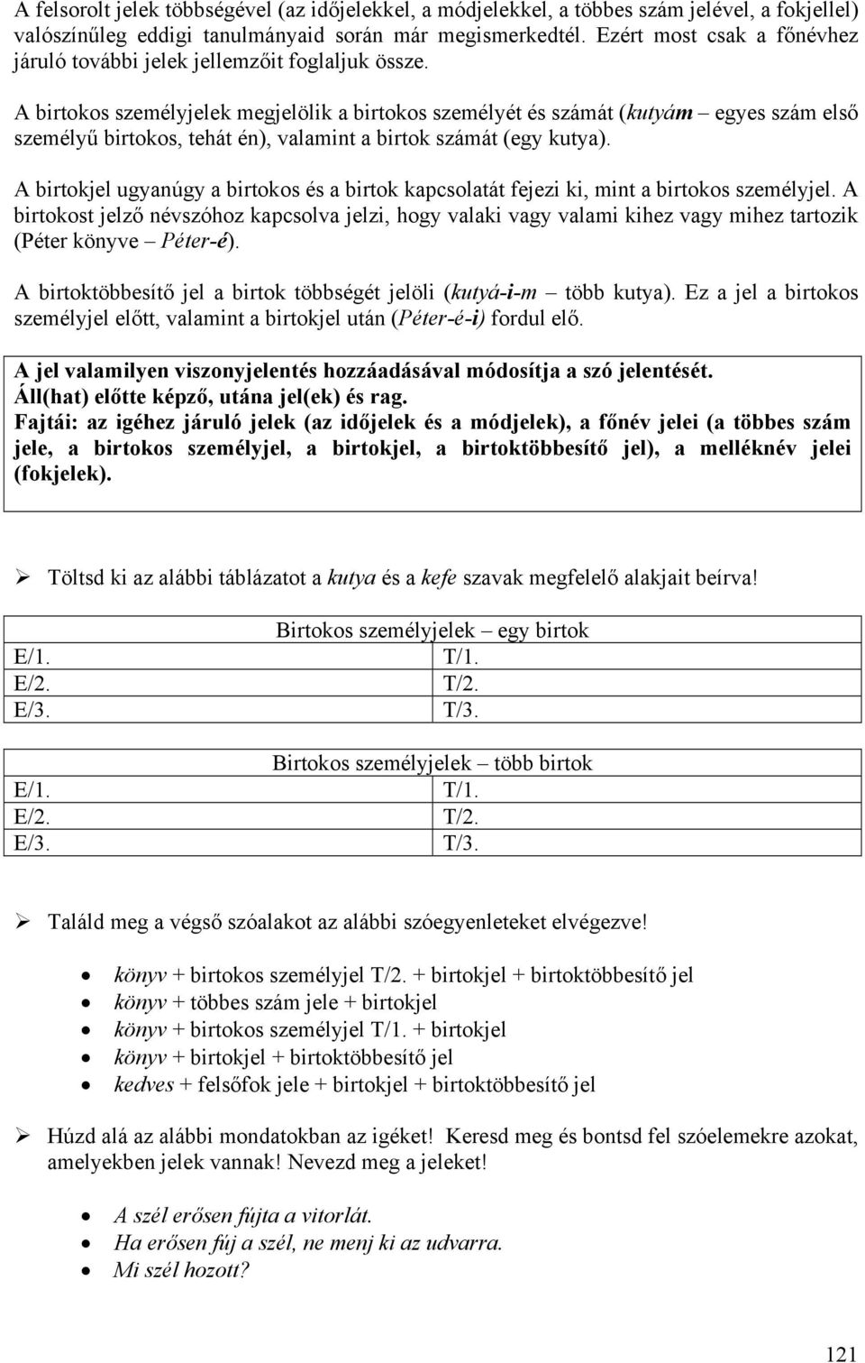 A birtokos személyjelek megjelölik a birtokos személyét és számát (kutyám egyes szám első személyű birtokos, tehát én), valamint a birtok számát (egy kutya).