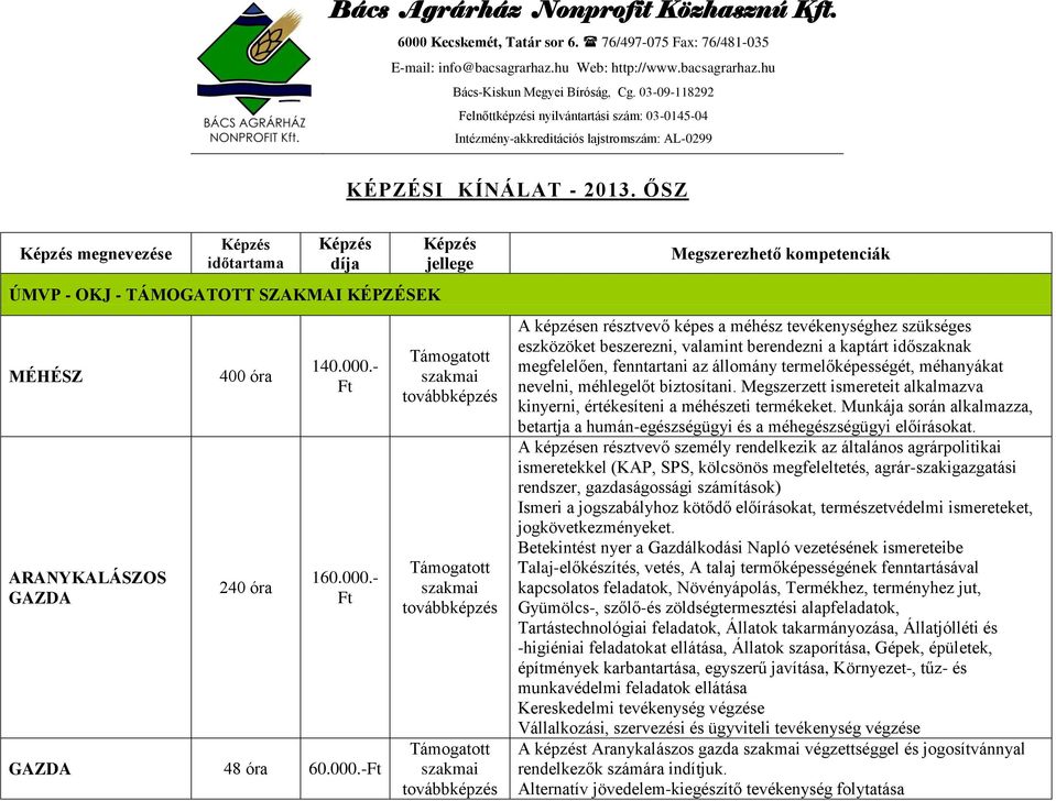 ŐSZ megnevezése ÚMVP - OKJ - TÁMOGATOTT SZAKMAI KÉPZÉSEK MÉHÉSZ ARANYKALÁSZOS GAZDA 400 óra 240 óra 140.000.