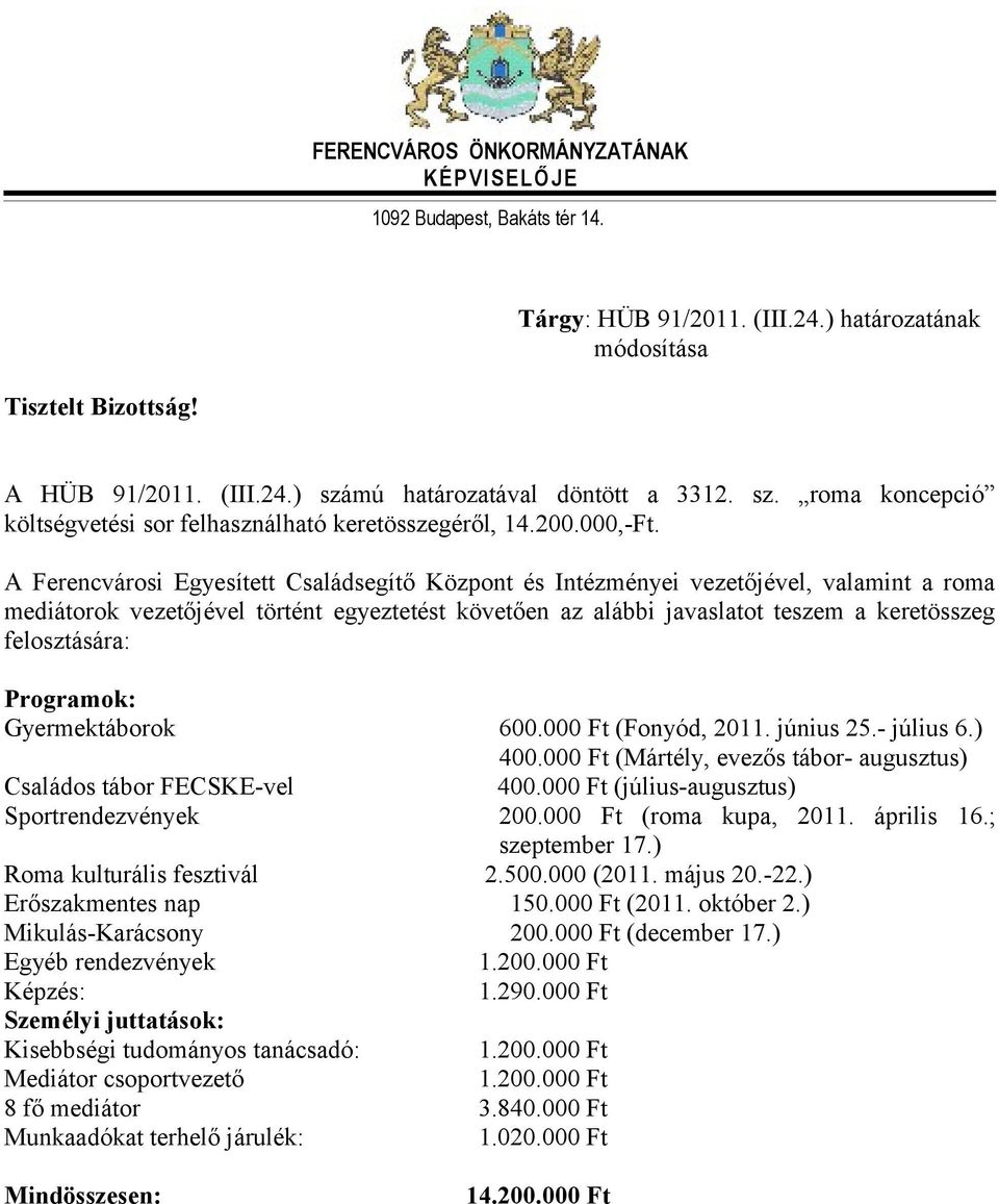 A Ferencvárosi Egyesített Családsegítő Központ és Intézményei vezetőjével, valamint a roma mediátorok vezetőjével történt egyeztetést követően az alábbi javaslatot teszem a keretösszeg felosztására: