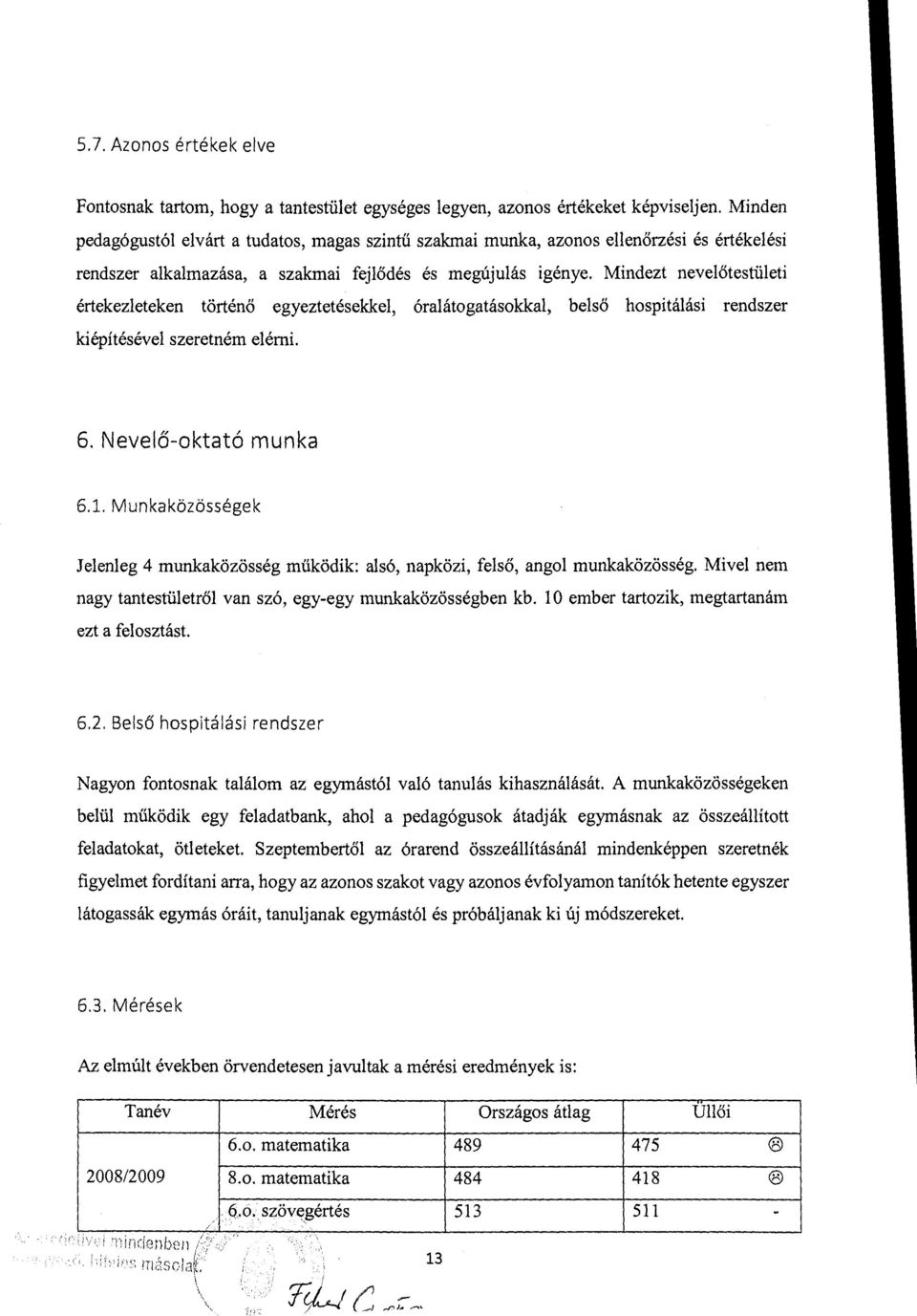 Mindezt nevelőtestületi értekezleteken történő egyeztetésekkel, óralátogatásokkal, belső hospitálási rendszer kiépítésével szeretném elérni. 6. Nevelő-oktató munka 6.1.