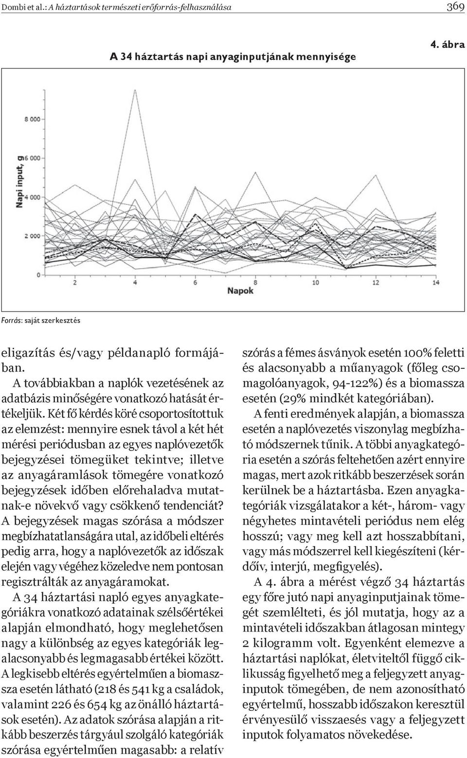 Két fő kérdés köré csoportosítottuk az elemzést: mennyire esnek távol a két hét mérési periódusban az egyes naplóvezetők bejegyzései tömegüket tekintve; illetve az anyagáramlások tömegére vonatkozó