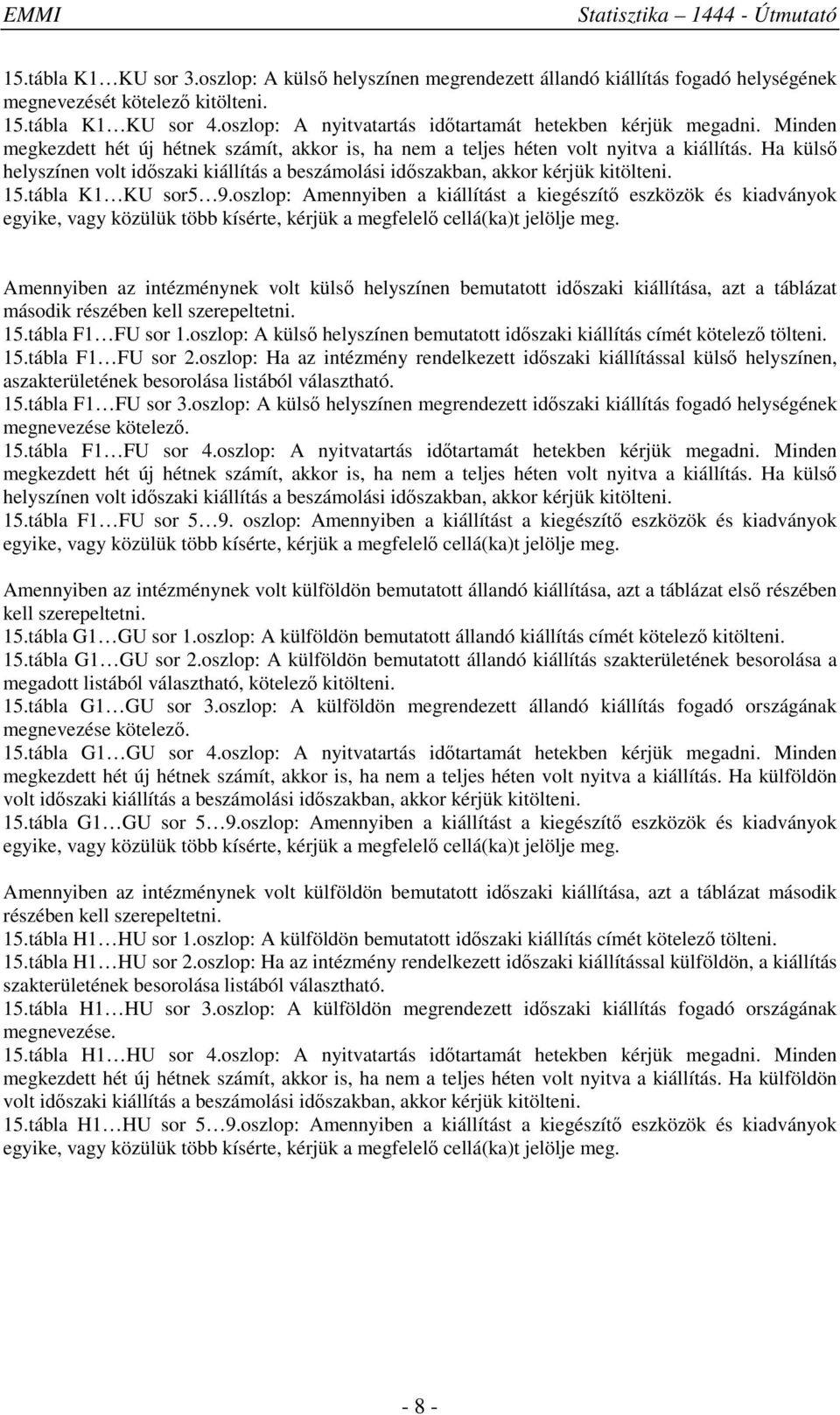 Ha külső helyszínen volt időszaki kiállítás a beszámolási időszakban, akkor kérjük kitölteni. 15.tábla K1 KU sor5 9.