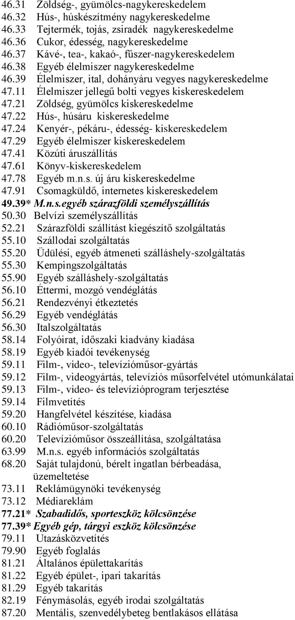 Egyéb élelmiszer nagykereskedelme Élelmiszer, ital, dohányáru vegyes nagykereskedelme Élelmiszer jellegű bolti vegyes kiskereskedelem Zöldség, gyümölcs kiskereskedelme Hús-, húsáru kiskereskedelme