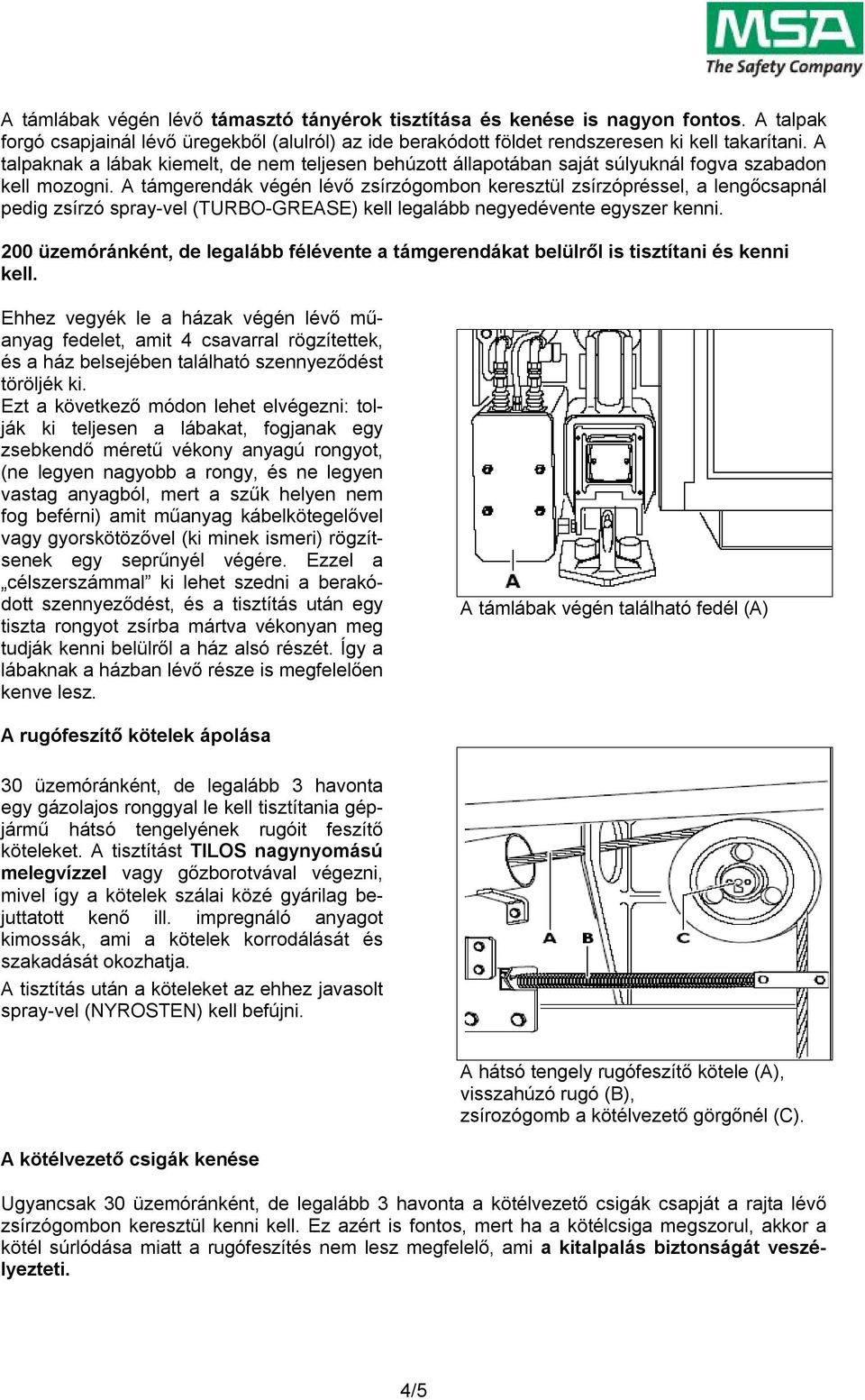 A támgerendák végén lévő zsírzógombon keresztül zsírzópréssel, a lengőcsapnál pedig zsírzó spray-vel (TURBO-GREASE) kell legalább negyedévente egyszer kenni.