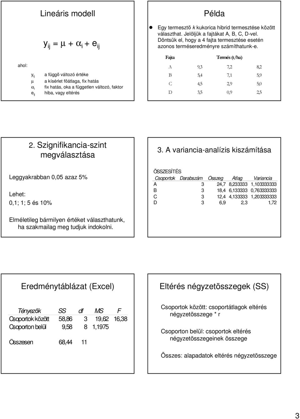 D Döntsük k el, hogy a 4 fajta temesztése se esetén azonos teméseedm seedménye számíthatunk thatunk-e. Fajta Temés (t/ha) A 9,3 7,2 8,2 B 5,4 7,1 5,9 C 4,5 2,9 5,0 D 3,5 0,9 2,5 2.