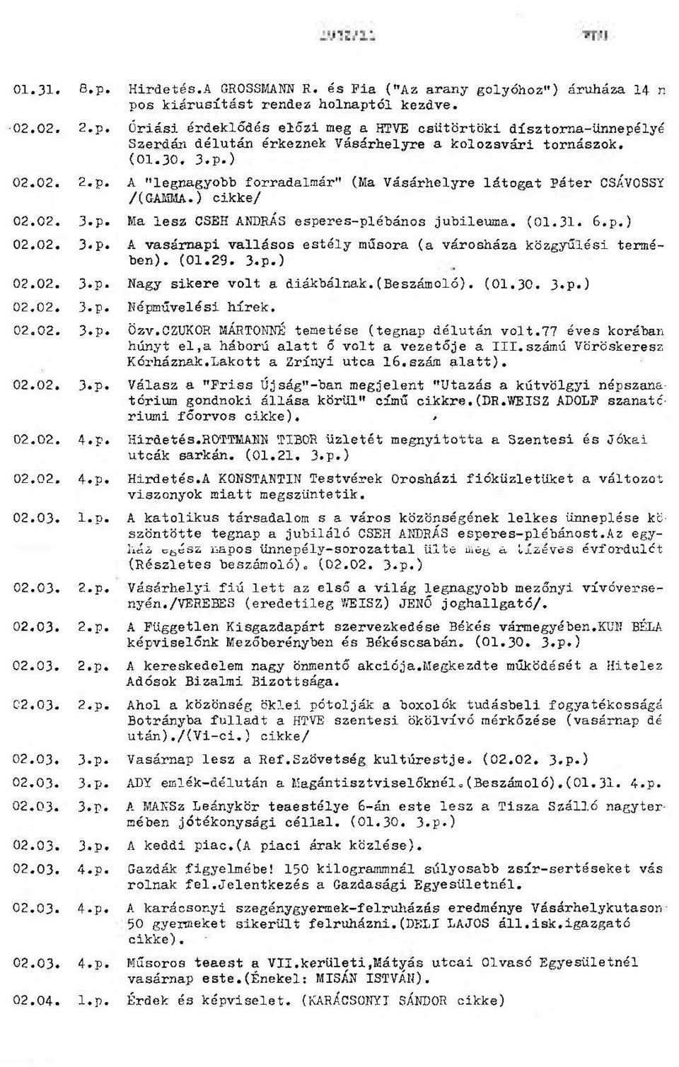 ) cikke/ 02.02. 3.p. Ma lesz CSEH ANDRÁS esperes-plébános jubileuma. (01.31. 6.p.) 02.02. 3.p. A vasárnapi vallásos estély műsora (a városháza közgyűlési termében). (01.29. 3.p.) 02.02. 3.p. Nagy sikere volt a diákbélnak.