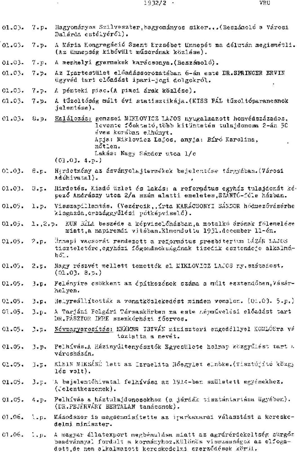 SPRINGER ERVIN ügyvéd tert előadást ipari-jogi dolgokról. 01.03. 7.p. A pénteki piac.(a piaci árak közlése). 01.03. 7.p. A tűzoltóság múlt évi statisztikája. (KISS PÁL tűzoltóparancsnok jelentése).