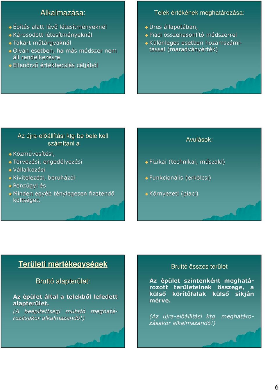 Avulások: Fizikai (technikai, mőszaki) Funkcionális (erkölcsi) Környezeti (piaci) Területi mértékegységek Bruttó alapterület: Üres állapotában, Piaci összehasonlító módszerrel Különleges esetben