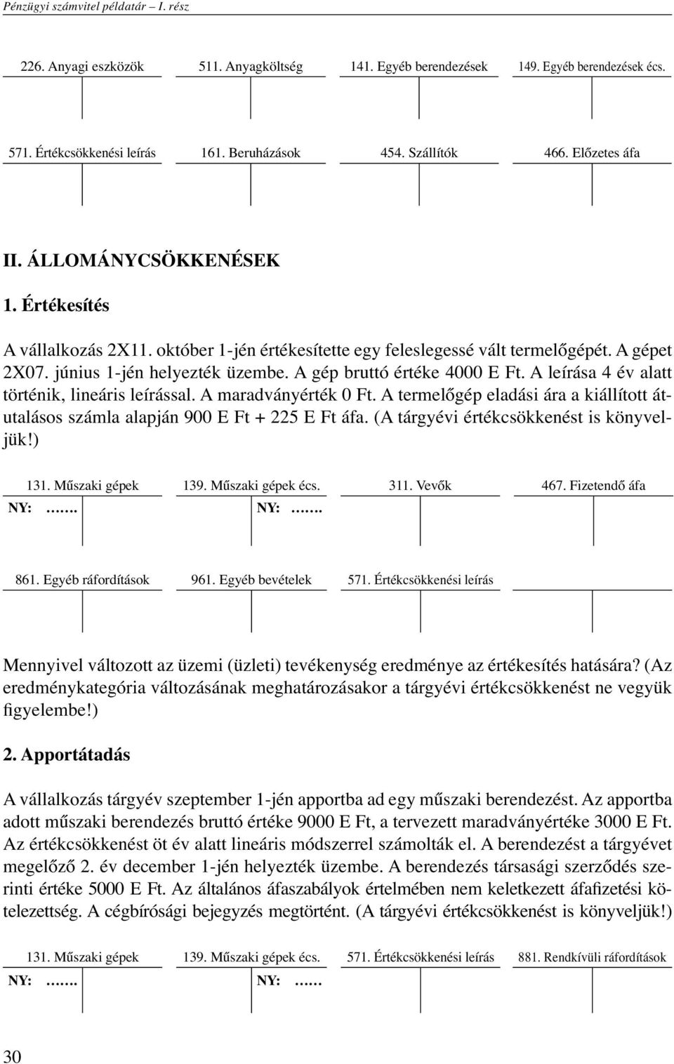 A gép bruttó értéke 4000 E Ft. A leírása 4 év alatt történik, lineáris leírással. A maradványérték 0 Ft. A termelőgép eladási ára a kiállított átutalásos számla alapján 900 E Ft + 225 E Ft áfa.