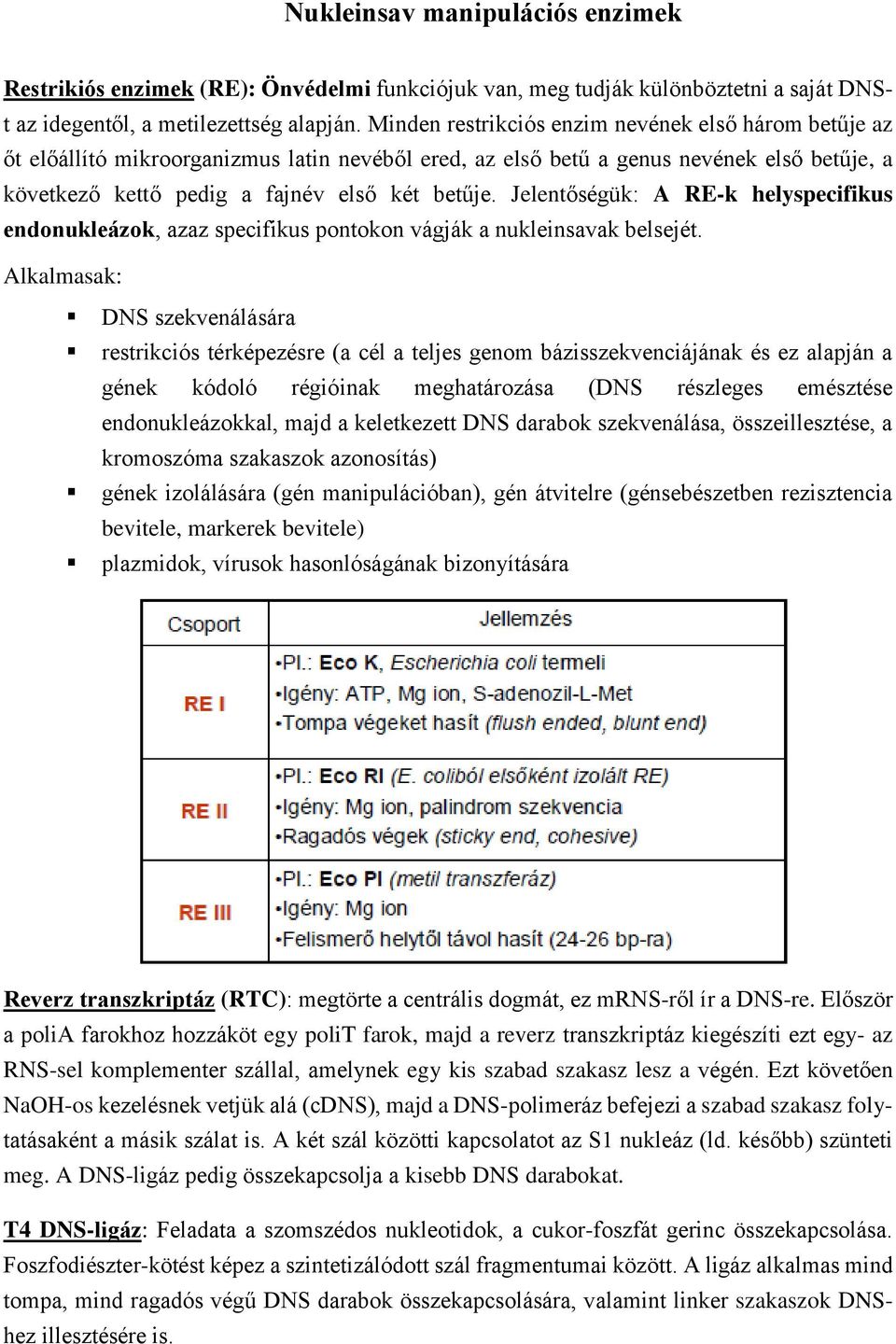 Jelentőségük: A RE-k helyspecifikus endonukleázok, azaz specifikus pontokon vágják a nukleinsavak belsejét.