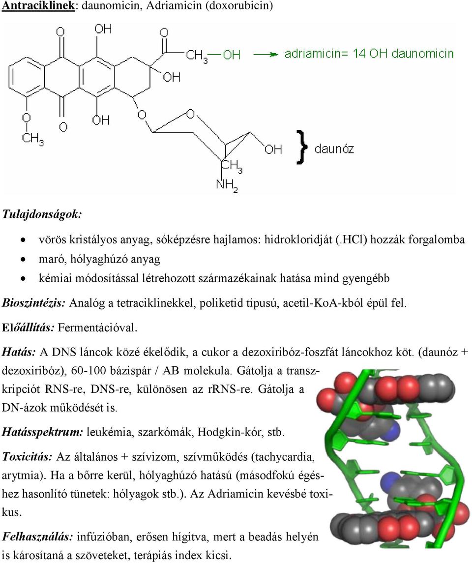 Előállítás: Fermentációval. Hatás: A DNS láncok közé ékelődik, a cukor a dezoxiribóz-foszfát láncokhoz köt. (daunóz + dezoxiribóz), 60-100 bázispár / AB molekula.