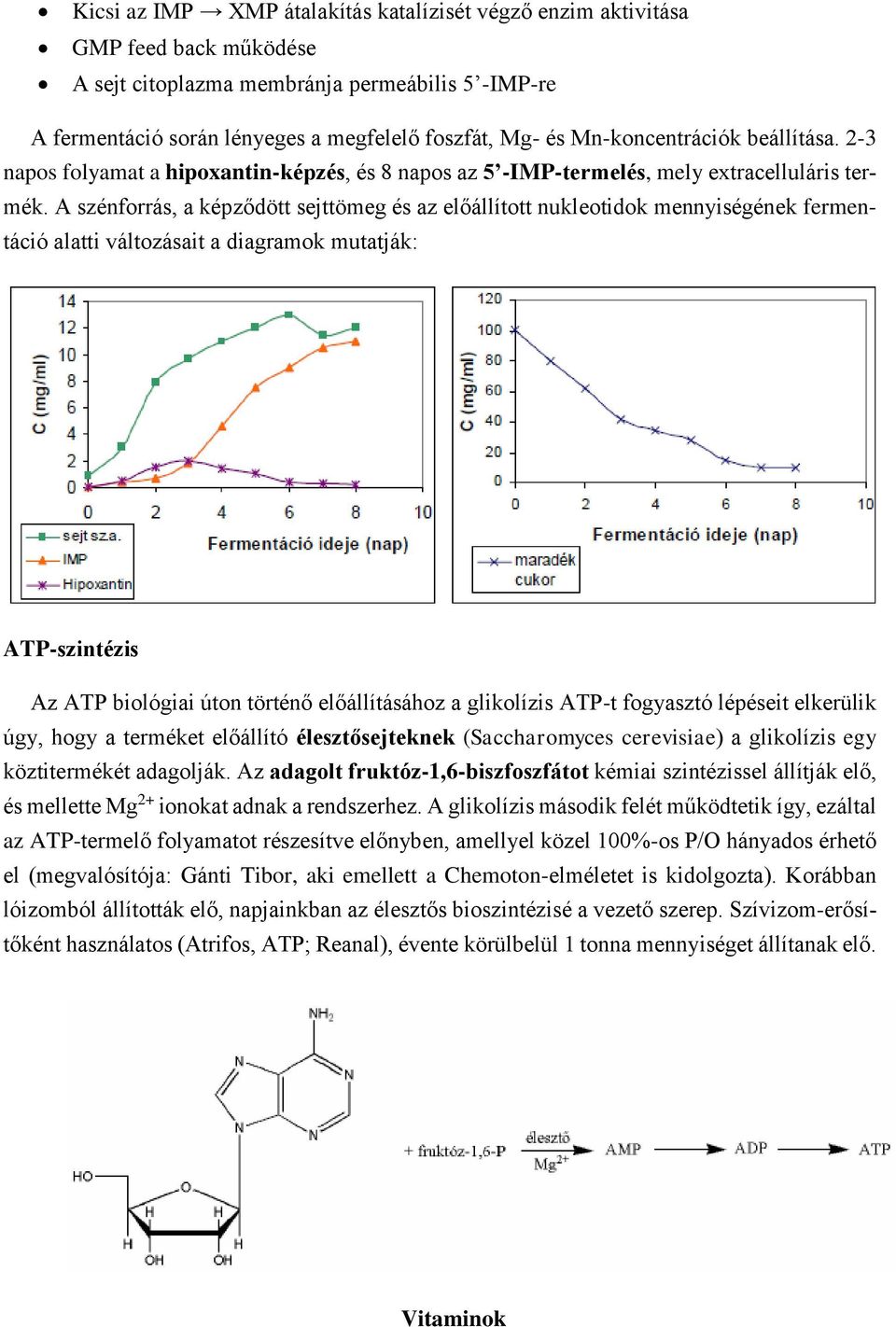 A szénforrás, a képződött sejttömeg és az előállított nukleotidok mennyiségének fermentáció alatti változásait a diagramok mutatják: ATP-szintézis Az ATP biológiai úton történő előállításához a