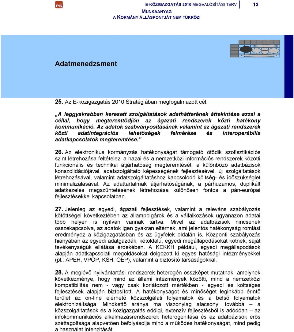 kommunikáció. Az adatok szabványosításának valamint az ágazati rendszerek közti adatintegrációs lehetőségek felmérése és interoperábilis adatkapcsolatok megteremtése. 26.