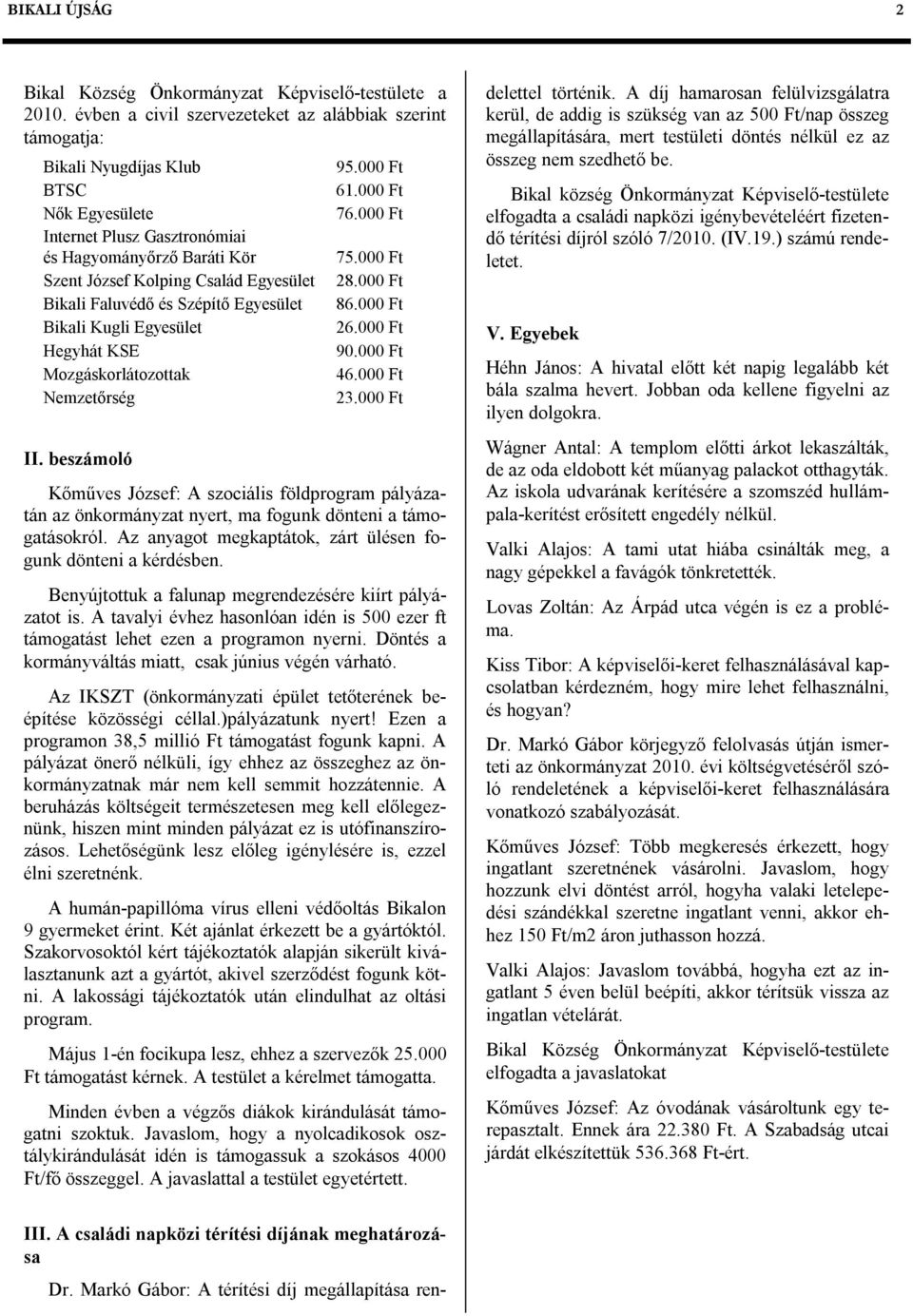 Bikali Faluvédő és Szépítő Egyesület Bikali Kugli Egyesület Hegyhát KSE Mozgáskorlátozottak Nemzetőrség II. beszámoló 95.000 Ft 61.000 Ft 76.000 Ft 75.000 Ft 28.000 Ft 86.000 Ft 26.000 Ft 90.