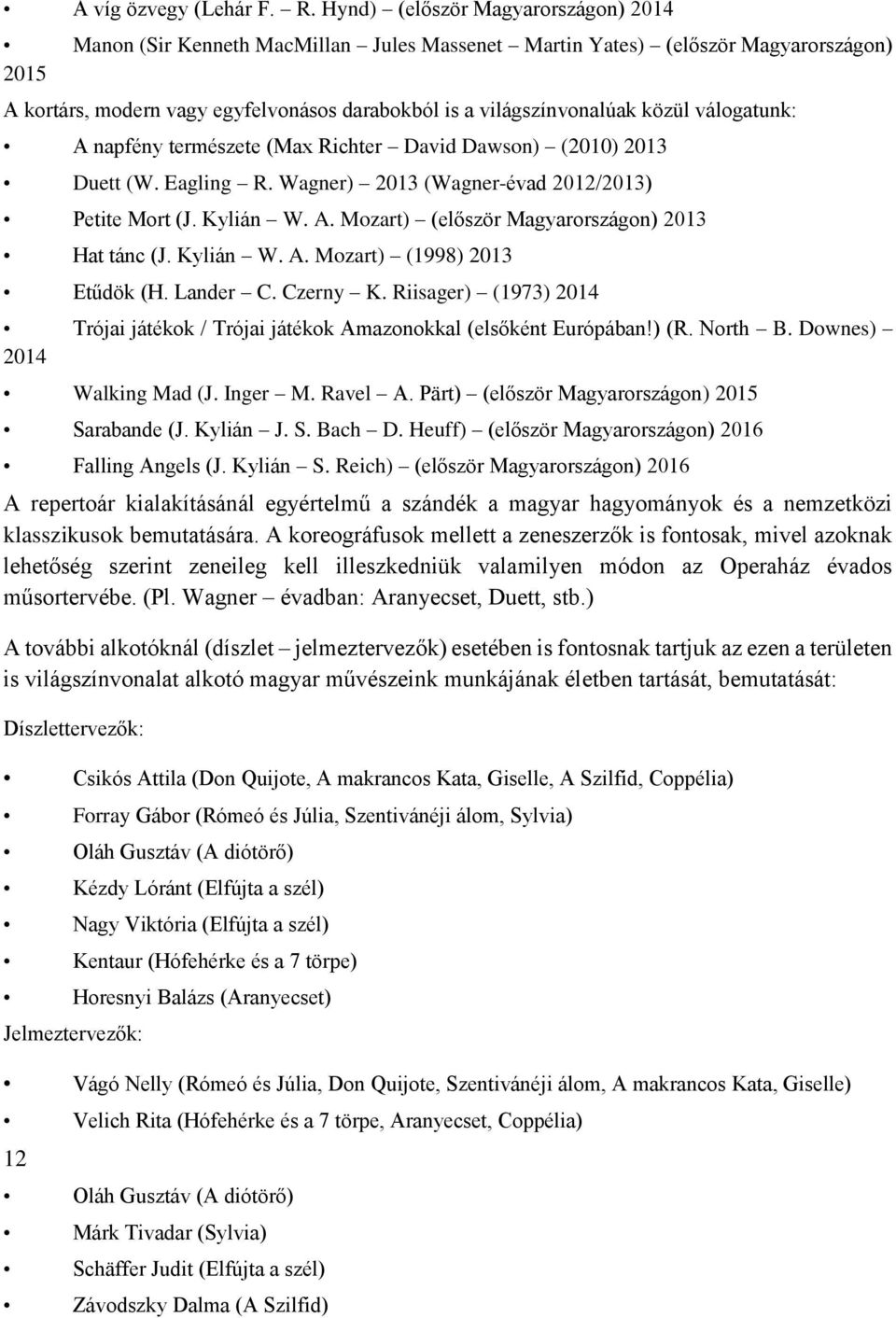 közül válogatunk: A napfény természete (Max Richter David Dawson) (2010) 2013 Duett (W. Eagling R. Wagner) 2013 (Wagner-évad 2012/2013) Petite Mort (J. Kylián W. A. Mozart) (először Magyarországon) 2013 Hat tánc (J.