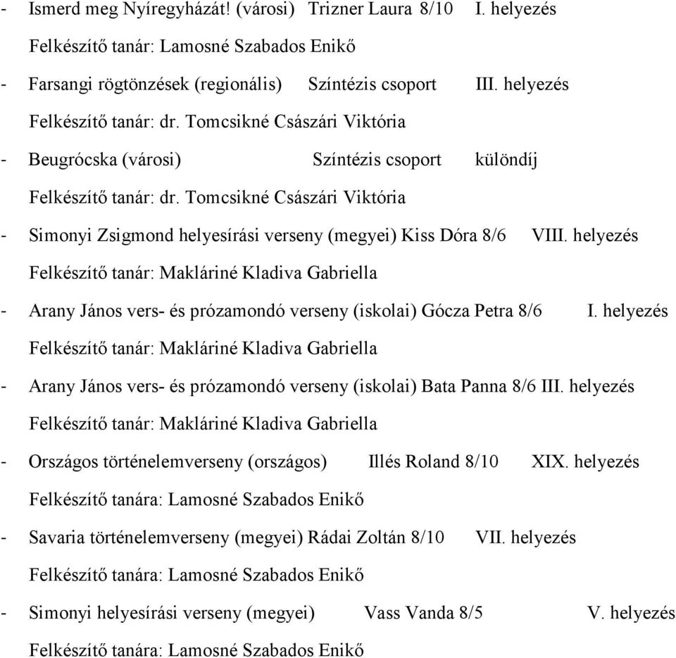 helyezés Felkészítő tanár: Makláriné Kladiva Gabriella - Arany János vers- és prózamondó verseny (iskolai) Gócza Petra 8/6 I.