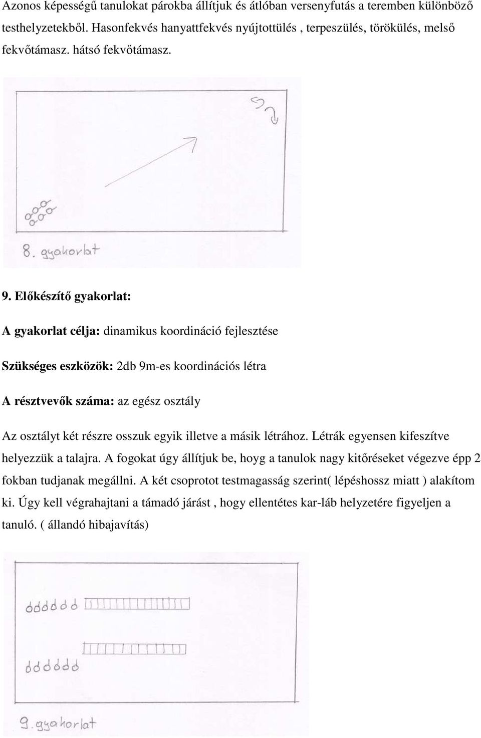 Előkészítő gyakorlat: A gyakorlat célja: dinamikus koordináció fejlesztése Szükséges eszközök: 2db 9m-es koordinációs létra Az osztályt két részre osszuk egyik illetve a másik