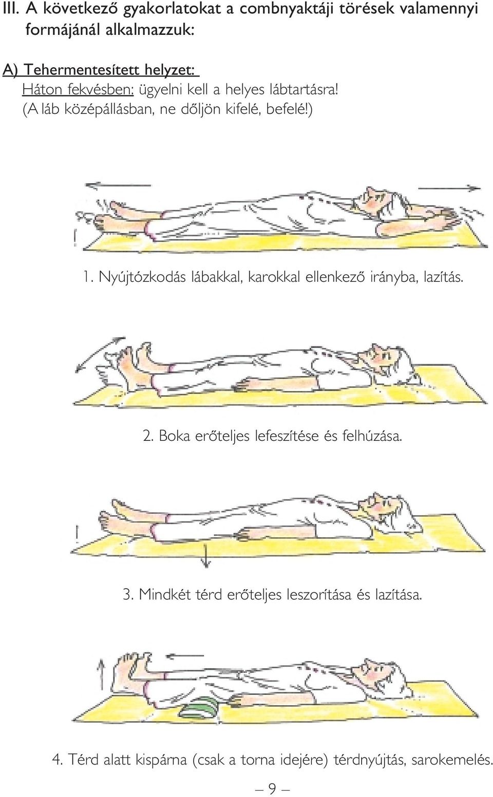 Nyújtózkodás lábakkal, karokkal ellenkezô irányba, lazítás. 2. Boka erôteljes lefeszítése és felhúzása. 3.