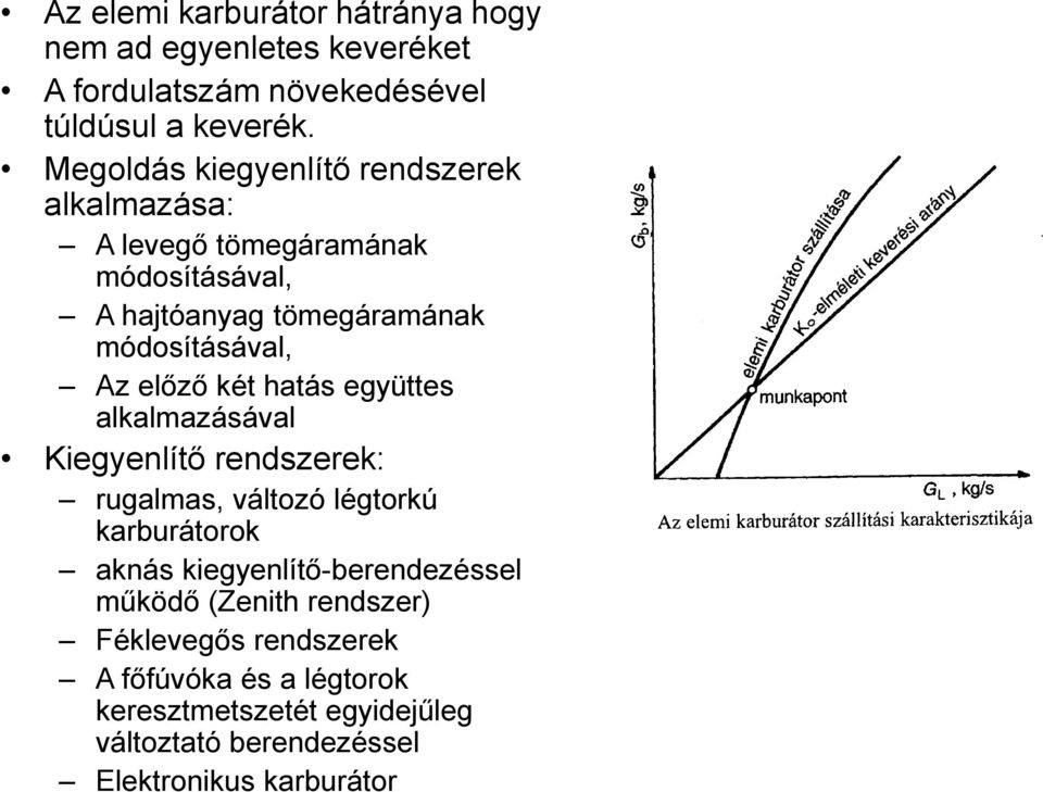 előző két hatás együttes alkalmazásával Kiegyenlítő rendszerek: rugalmas, változó légtorkú karburátorok aknás