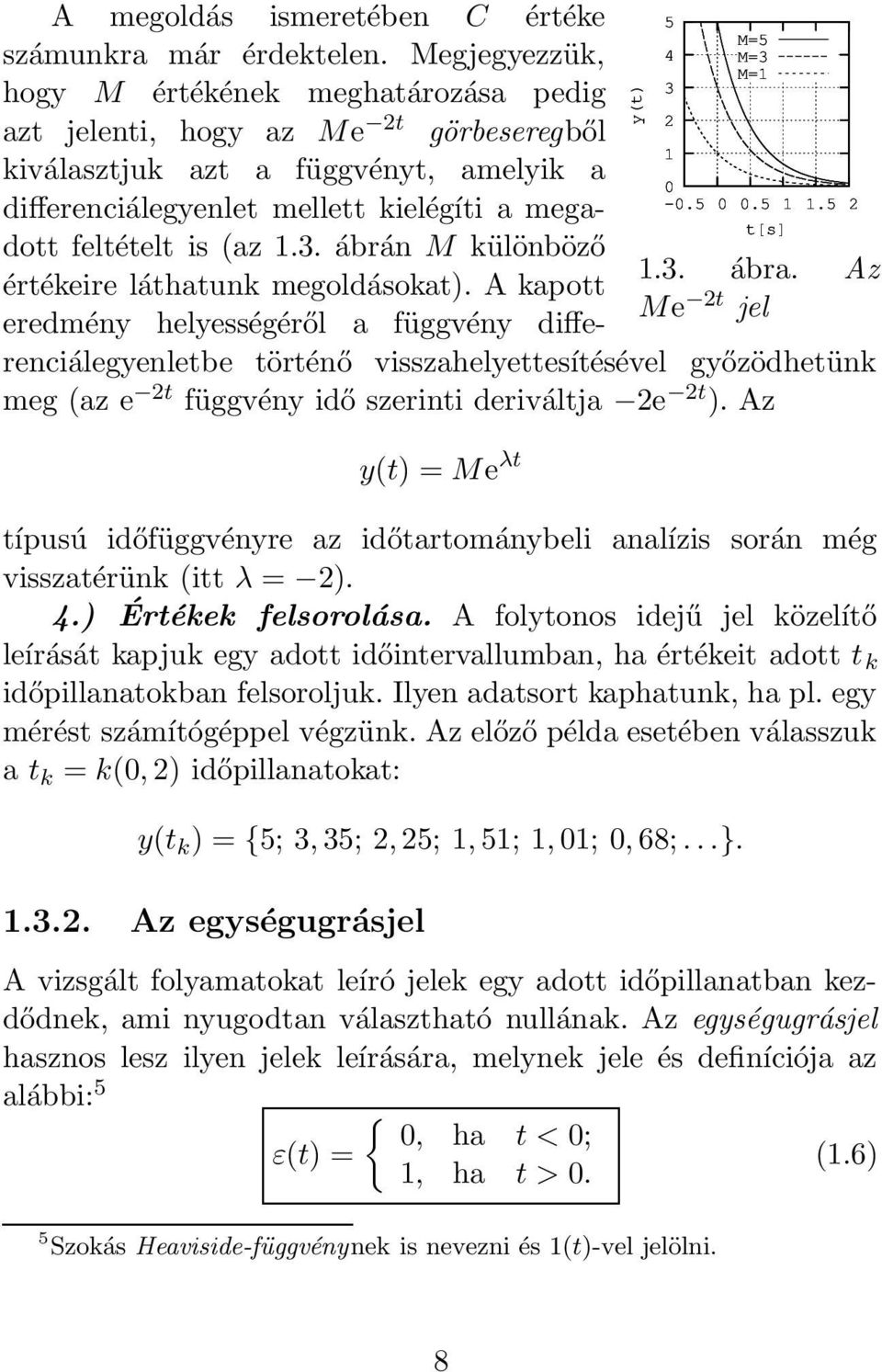 1.3. ábrán M különböző értékeire láthatunk megoldásokat). A kapott eredmény helyességéről a függvény differenciálegyenletbe történő visszahelyettesítésével y(t) 5 4 3 2 1 M=5 M=3 M=1 -.5.5 1 1.