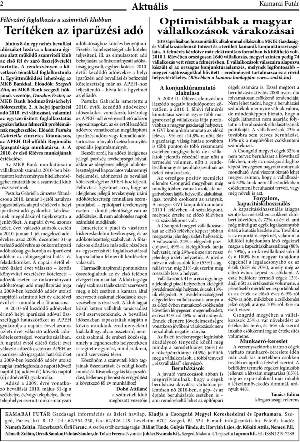 Előadók: Szegedi Zita, az MKB Bank szegedi fiókjának vezetője, Darabos Eszter, az MKB Bank hódmezővásárhelyi fiókvezetője. 2. A helyi iparűzési adó 2010.