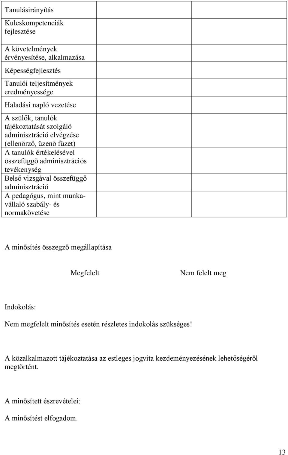 összefüggő adminisztráció A pedagógus, mint munkavállaló szabály- és normakövetése A minősítés összegző megállapítása Megfelelt Nem felelt meg Indokolás: Nem megfelelt