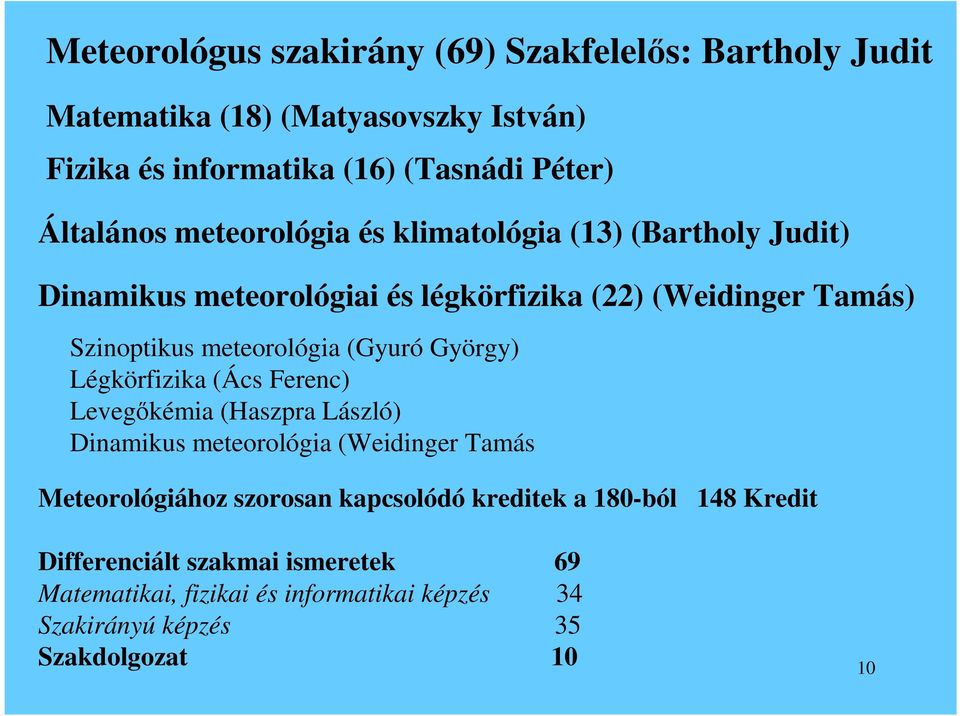 meteorológia (Gyuró György) Légkörfizika (Ács Ferenc) Levegıkémia (Haszpra László) Dinamikus meteorológia (Weidinger Tamás Meteorológiához