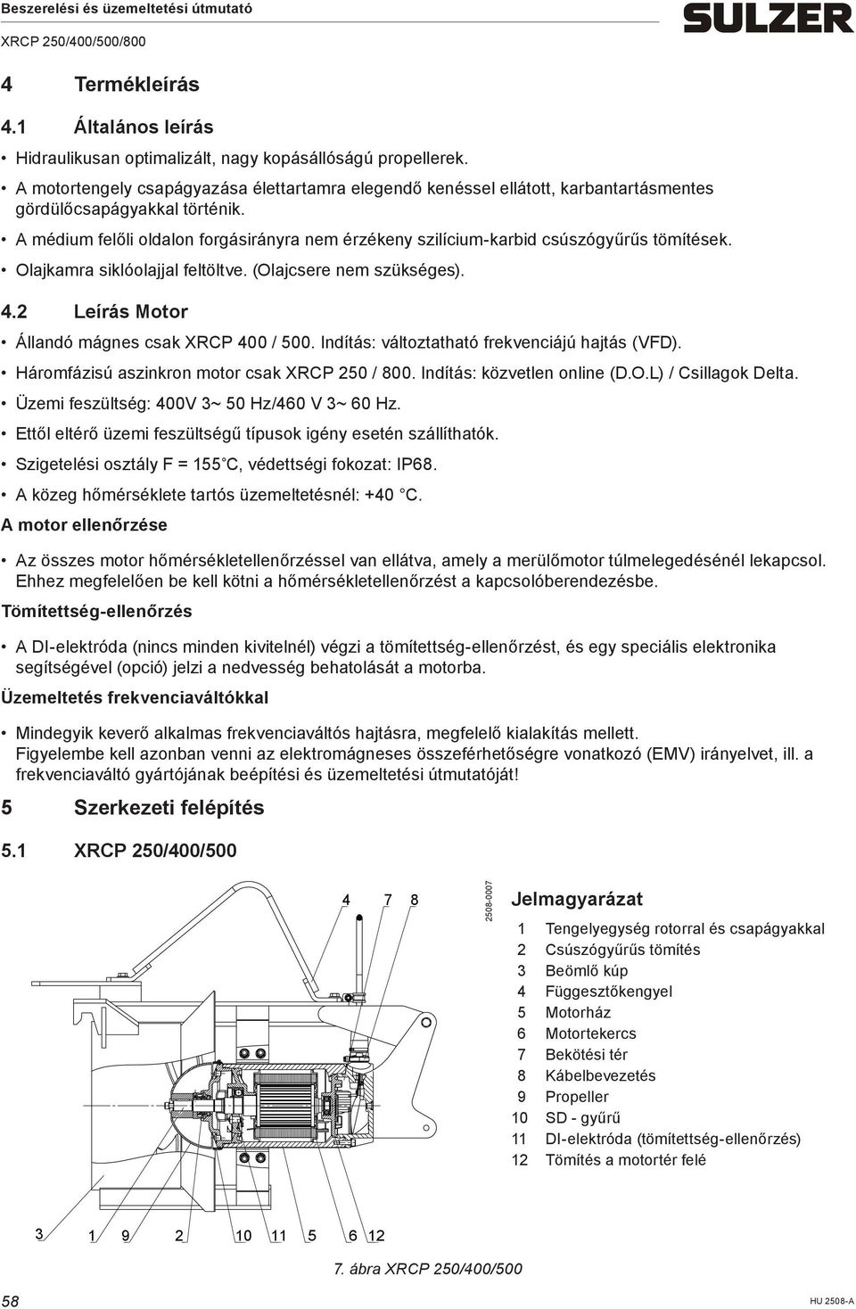 A édiu felőli oldalon forgásirányra ne érzékeny szilíciu-karbid csúszógyűrűs töítések. Olajkara siklóolajjal feltöltve. (Olajcsere ne szükséges). 4.2 Leírás Motor Állandó ágnes csak XRCP 400 / 500.