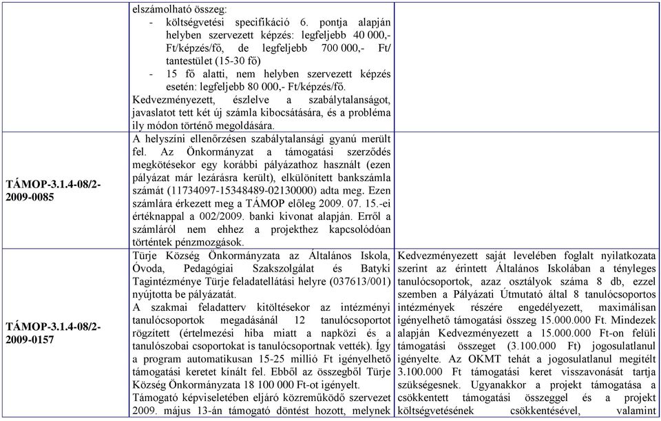 000,- Ft/képzés/fő. Kedvezményezett, észlelve a szabálytalanságot, javaslatot tett két új számla kibocsátására, és a probléma ily módon történő megoldására.