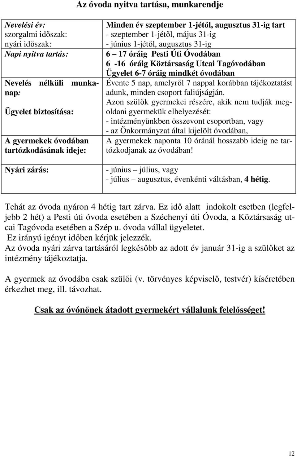 Tagóvodában Ügyelet 6-7 óráig mindkét óvodában Évente 5 nap, amelyről 7 nappal korábban tájékoztatást adunk, minden csoport faliújságján.