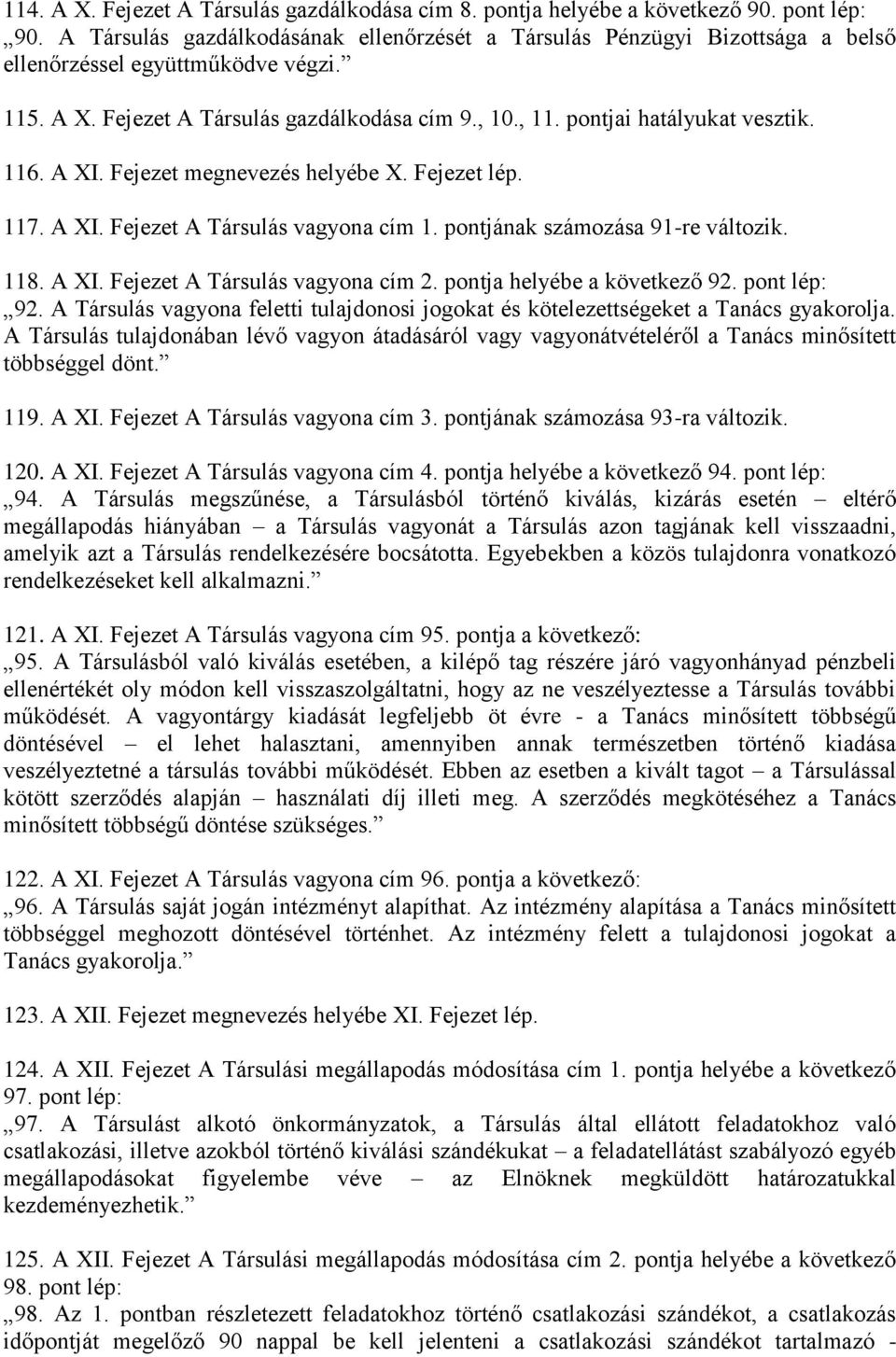 116. A XI. Fejezet megnevezés helyébe X. Fejezet lép. 117. A XI. Fejezet A Társulás vagyona cím 1. pontjának számozása 91-re változik. 118. A XI. Fejezet A Társulás vagyona cím 2.