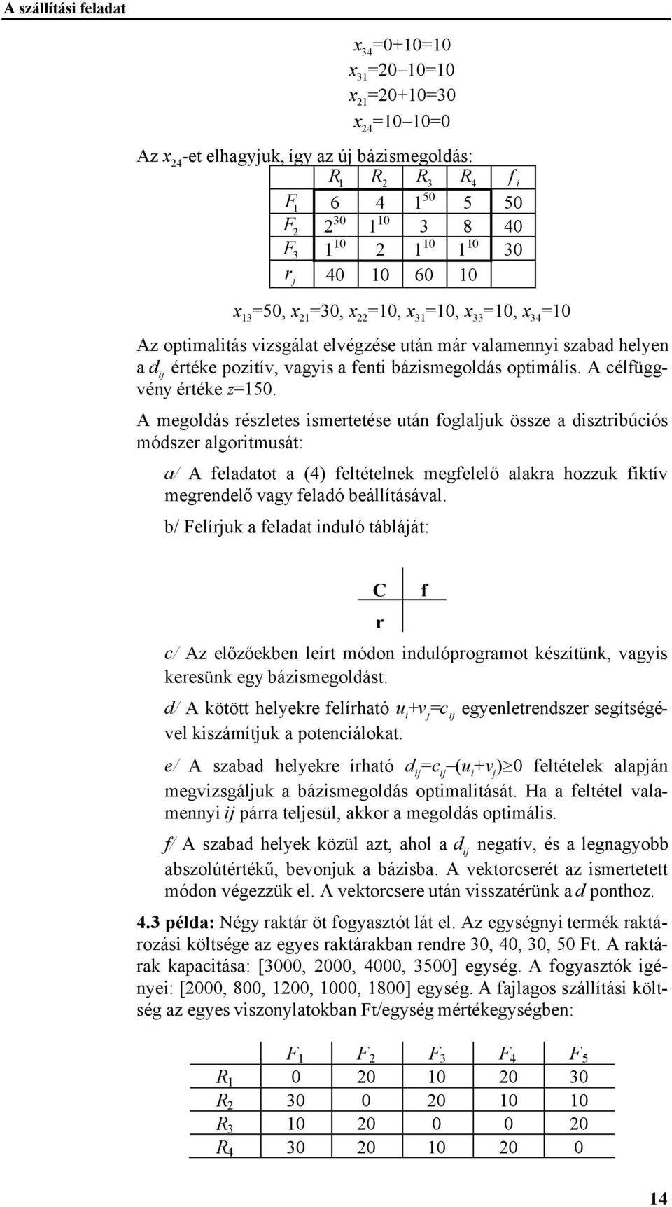 A megoldás részletes smertetése után foglaluk össze a dsztrbúcós módszer algortmusát: a/ A feladatot a (4) feltételnek megfelelőalakra hozzuk fktív megrendelővagy feladó beállításával.