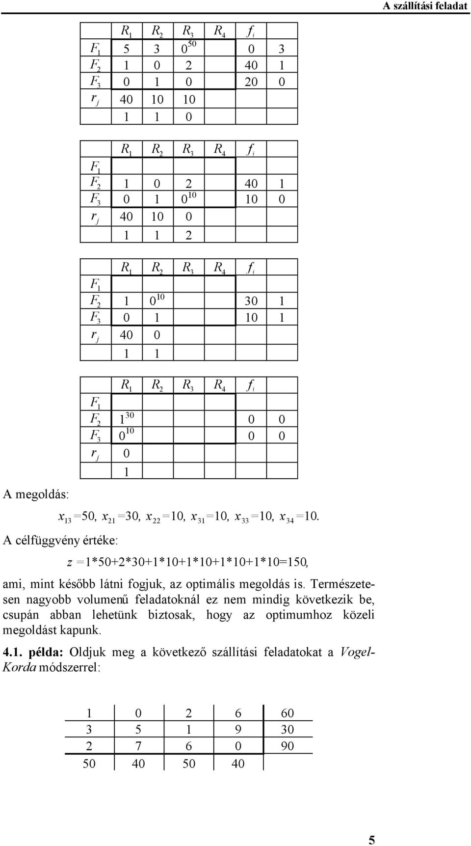 A célfüggvény értéke: z =1*5+2*3+1*1+1*1+1*1+1*1=15, am, mnt később látn foguk, az optmáls megoldás s.