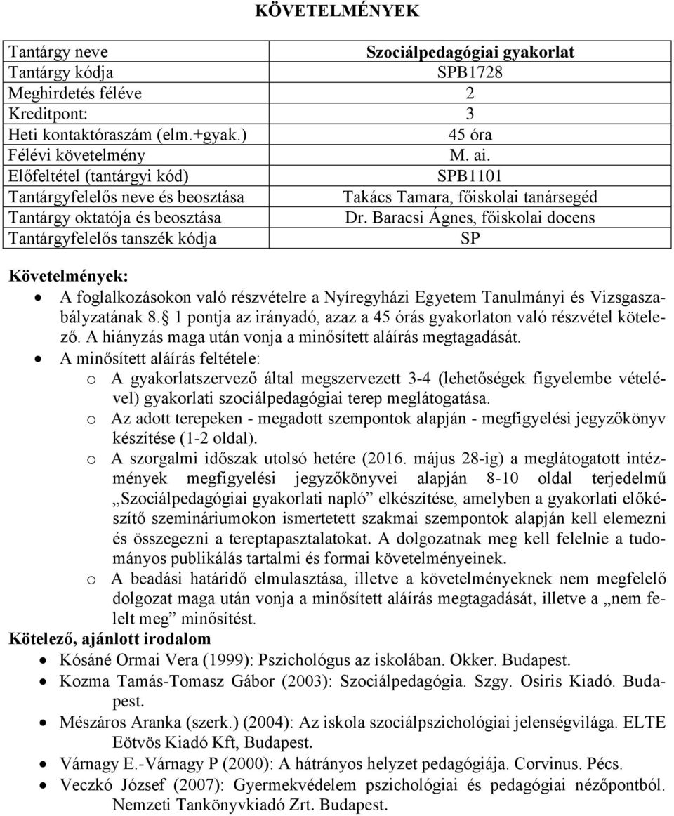 1 pontja az irányadó, azaz a 45 órás gyakorlaton való részvétel kötelező. A hiányzás maga után vonja a minősített aláírás megtagadását.