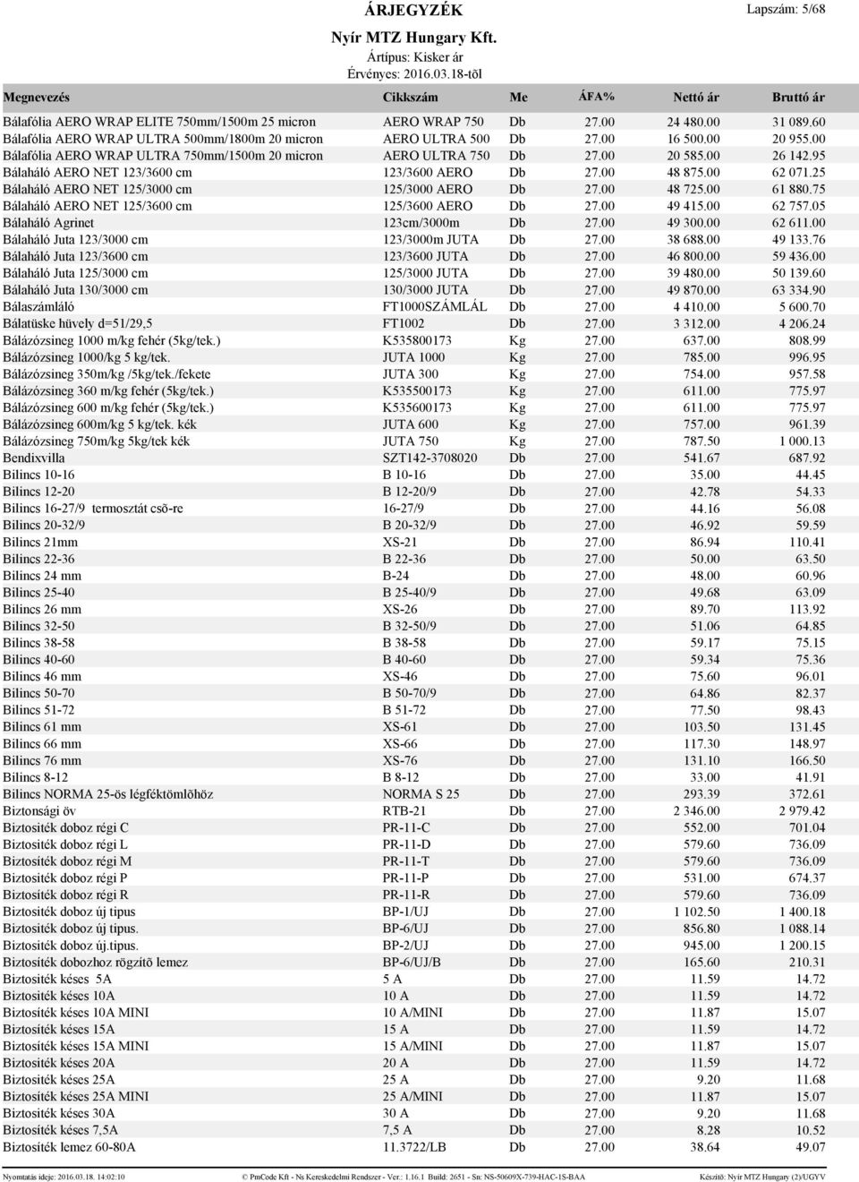 25 Bálaháló AERO NET 125/3000 cm 125/3000 AERO Db 27.00 48 725.00 61 880.75 Bálaháló AERO NET 125/3600 cm 125/3600 AERO Db 27.00 49 415.00 62 757.05 Bálaháló Agrinet 123cm/3000m Db 27.00 49 300.