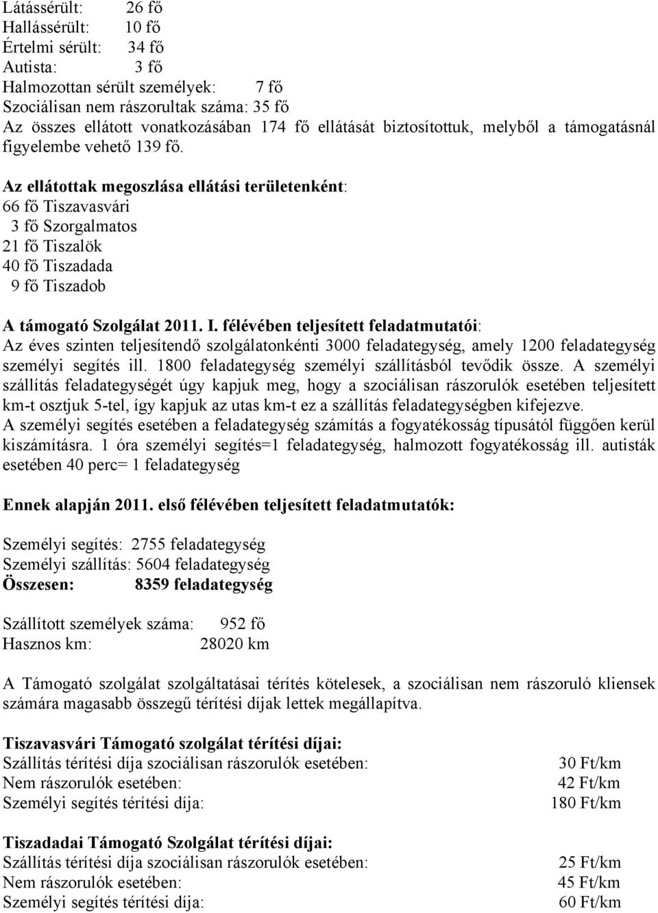 Az ellátottak megoszlása ellátási területenként: 66 fő Tiszavasvári 3 fő Szorgalmatos 21 fő Tiszalök 40 fő Tiszadada 9 fő Tiszadob A támogató Szolgálat 2011. I.