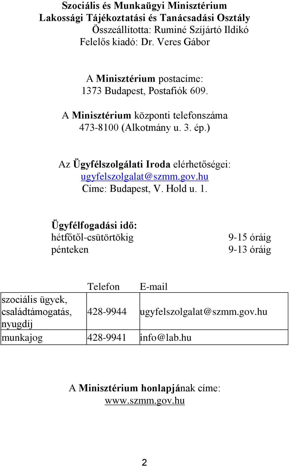 ) Az Ügyfélszolgálati Iroda elérhetőségei: ugyfelszolgalat@szmm.gov.hu Címe: Budapest, V. Hold u. 1.