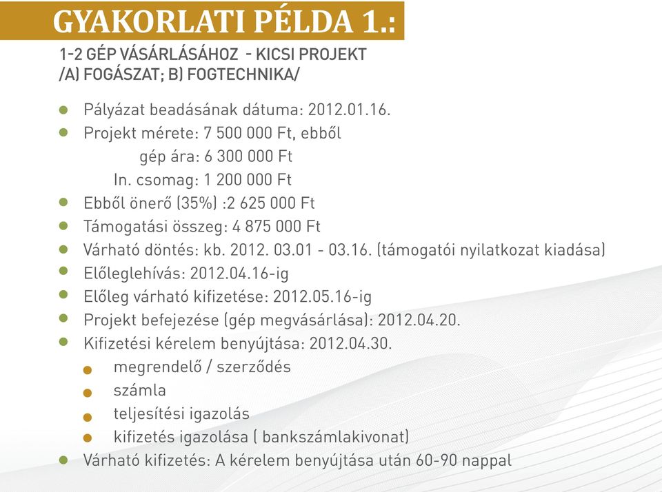 csomag: 1 200 000 Ft Ebből önerő (35%) :2 625 000 Ft Támogatási összeg: 4 875 000 Ft Várható döntés: kb. 2012. 03.01-03.16.