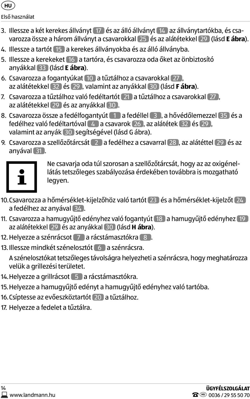 Csavarozza a fogantyúkat 10 a tűztálhoz a csavarokkal 27, az alátétekkel 32 és 29, valamint az anyákkal 30 (lásd F ábra). 7.