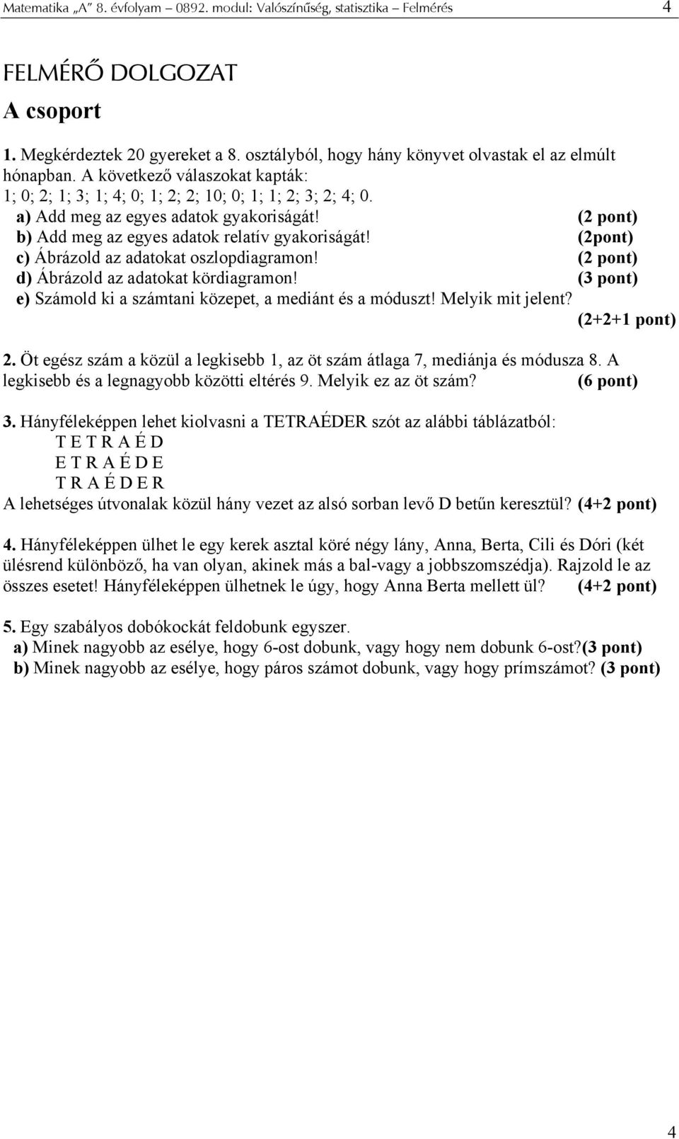 (2pont) c) Ábrázold az adatokat oszlopdiagramon! (2 pont) d) Ábrázold az adatokat kördiagramon! (3 pont) e) Számold ki a számtani közepet, a mediánt és a móduszt! Melyik mit jelent? (2+2+1 pont) 2.