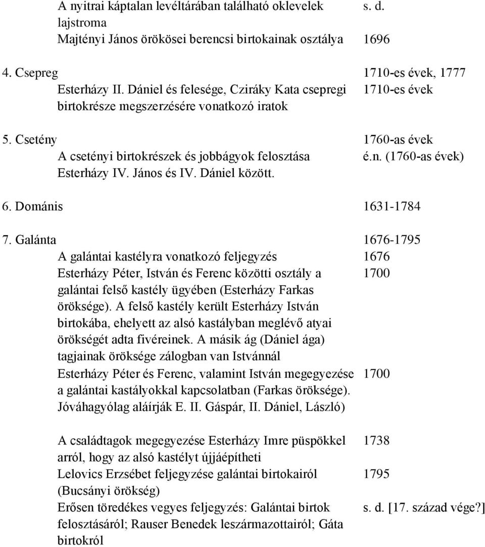 Dománis 1710-es évek, 1777 1710-es évek 1760-as évek é.n. (1760-as évek) 1631-1784 7.